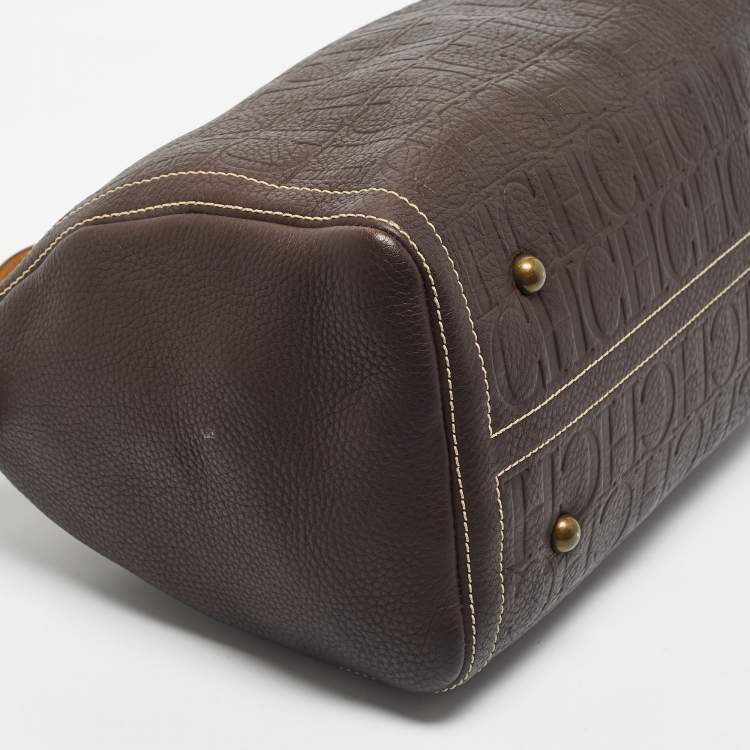 Pre Owned Carolina Herrera Dark Brown Monogram Embossed Leather Large Andy Boston Bag