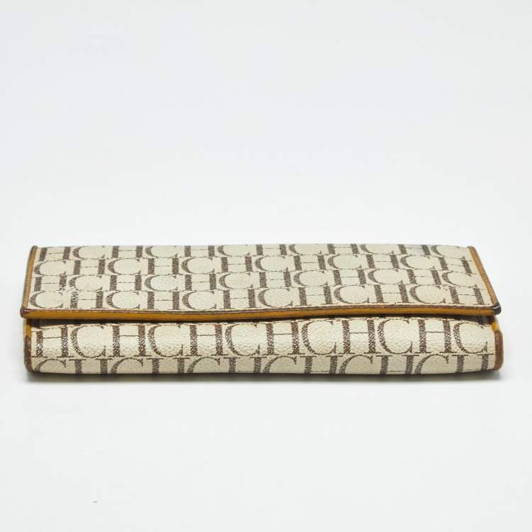 Pre Owned Carolina Herrera Off White Monogram Coated Canvas and Leather Trifold Continental Wallet