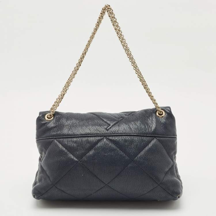 Pre Owned Carolina Herrera Navy Blue Embossed Leather Metal Flap Shoulder Bag