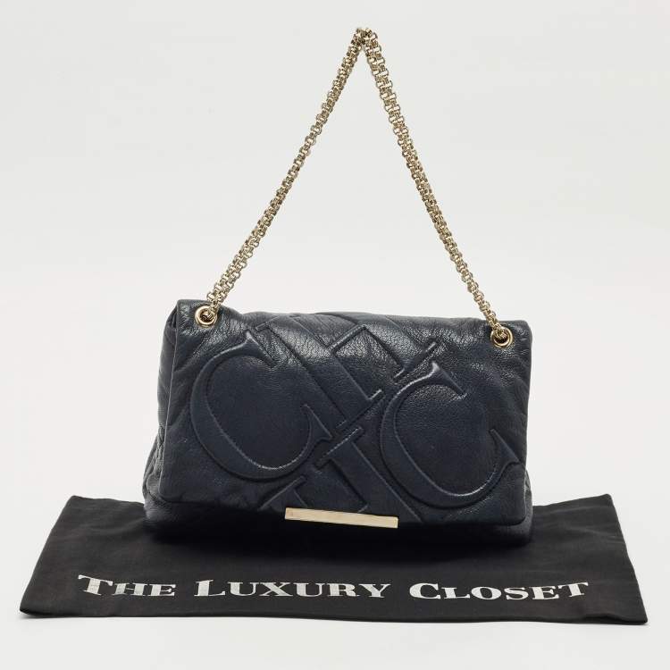 Pre Owned Carolina Herrera Navy Blue Embossed Leather Metal Flap Shoulder Bag