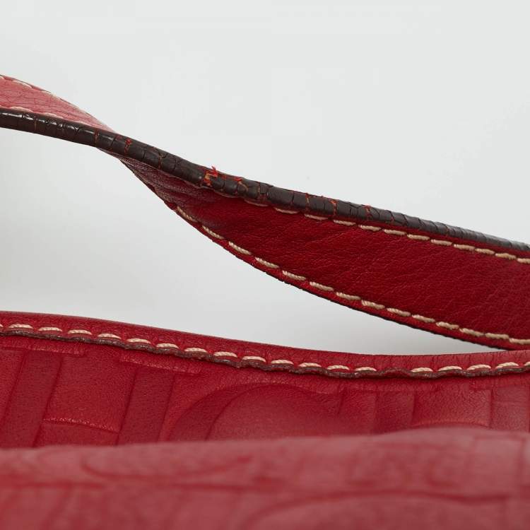 Pre Owned Carolina Herrera Red Monogram Leather Chain Hobo