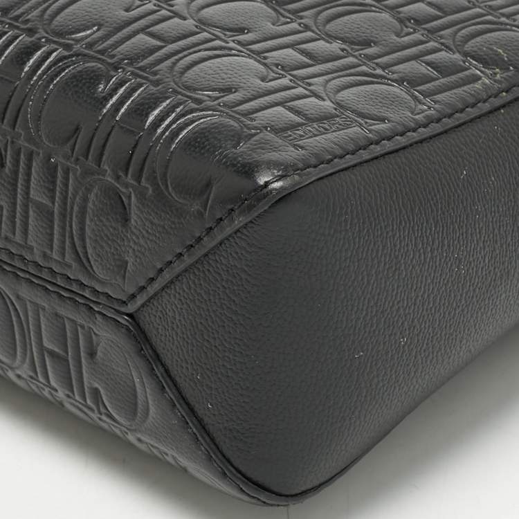 Pre Owned Carolina Herrera Black Monogram Embossed Leather Camera Crossbody Bag