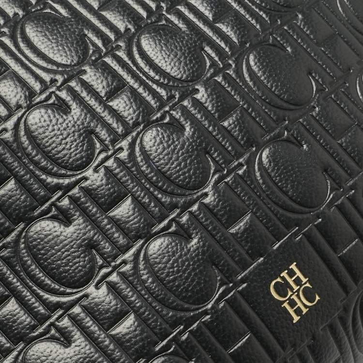 Pre Owned Carolina Herrera Black Monogram Embossed Leather Camera Crossbody Bag
