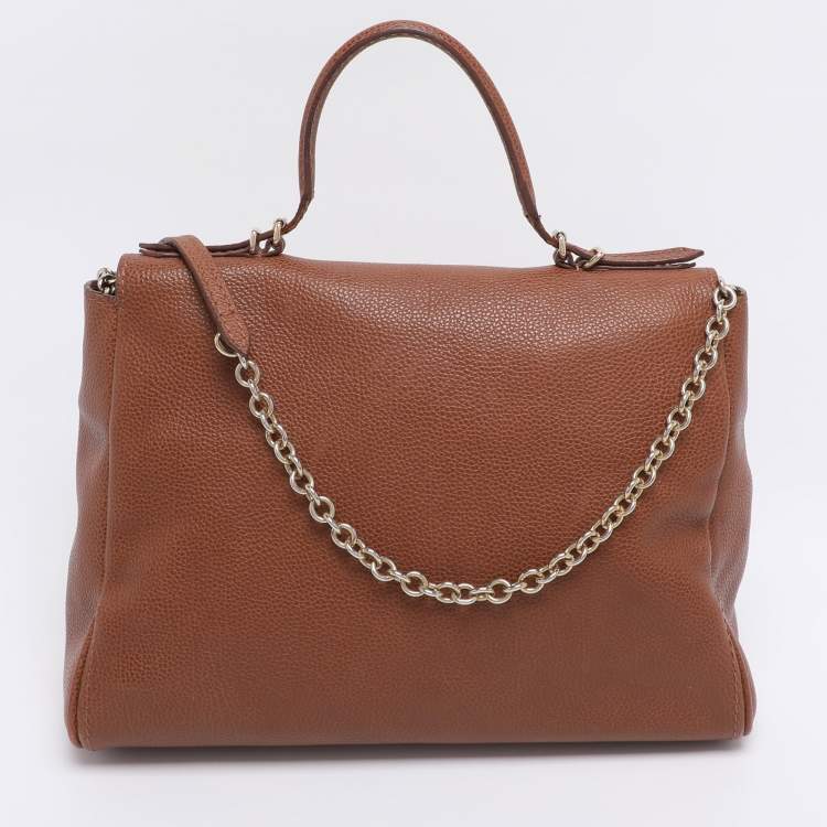 Pre Owned Carolina Herrera Brown Embossed Leather Minuetto Flap Top Handle Bag