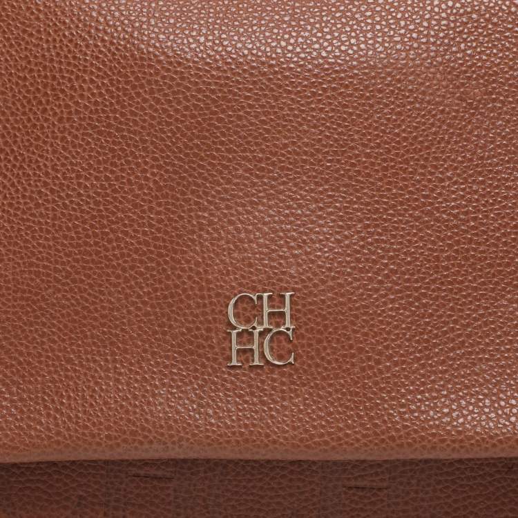 Pre Owned Carolina Herrera Brown Embossed Leather Minuetto Flap Top Handle Bag