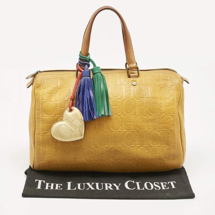Pre Owned Carolina Herrera Mustard/Beige Monogram Leather Large Andy Satchel