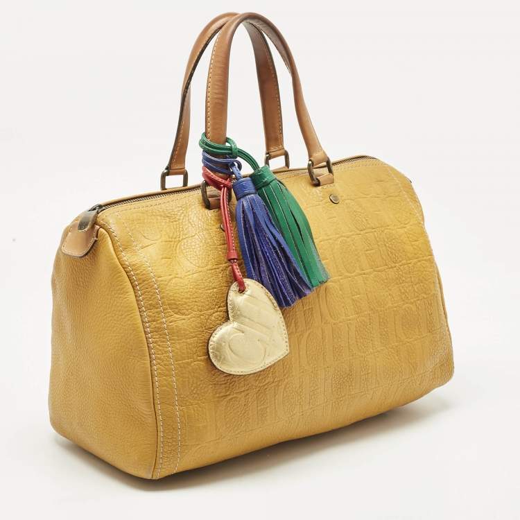 Pre Owned Carolina Herrera Mustard/Beige Monogram Leather Large Andy Satchel
