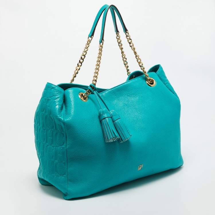 Pre Owned Carolina Herrera Green Monogram Embossed Leather Tassel Chain Tote