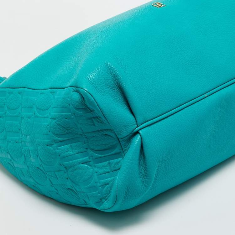 Pre Owned Carolina Herrera Green Monogram Embossed Leather Tassel Chain Tote