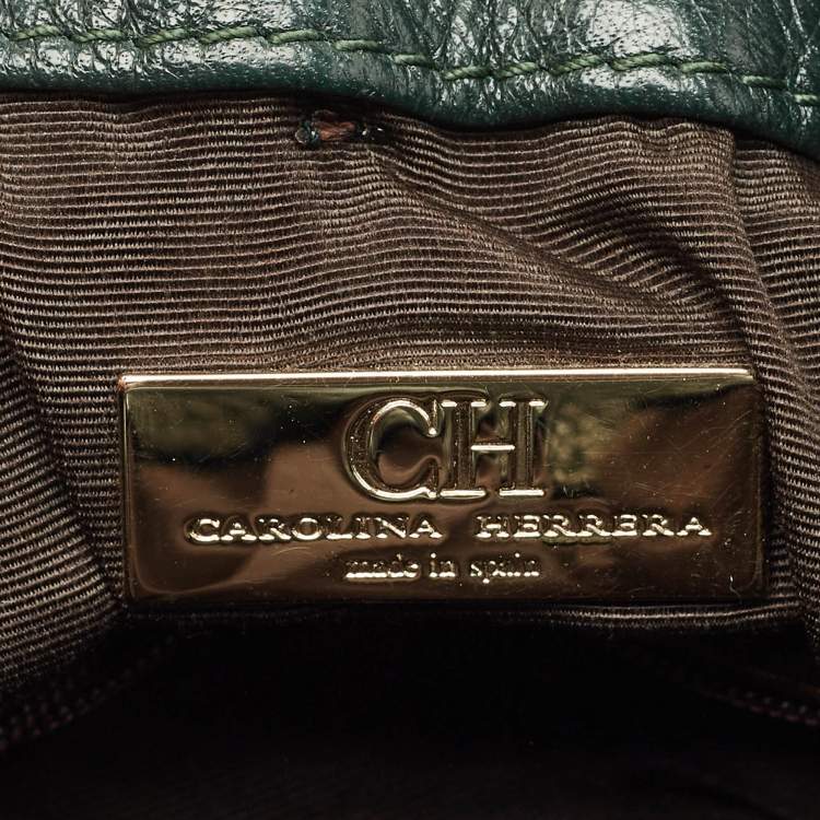 Pre Owned Carolina Herrera Dark Green Monogram Embossed Leather Bow Bucket Bag