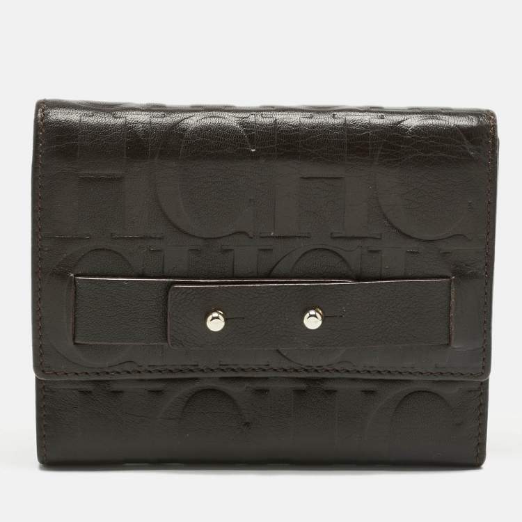 Pre Owned Carolina Herrera Dark Brown Monogram Leather Trifold Wallet