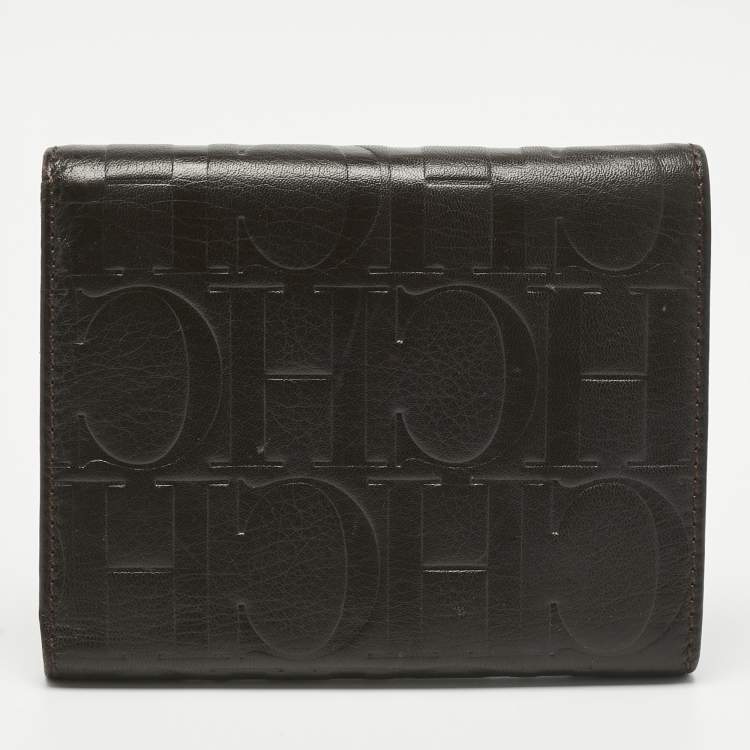 Pre Owned Carolina Herrera Dark Brown Monogram Leather Trifold Wallet