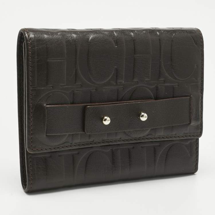 Pre Owned Carolina Herrera Dark Brown Monogram Leather Trifold Wallet