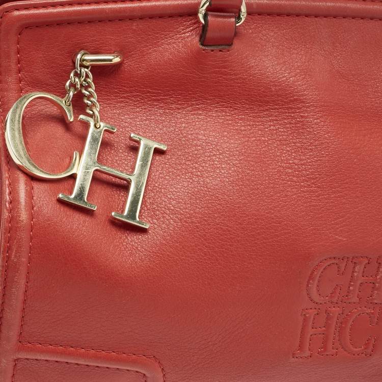 Pre Owned Carolina Herrera Red Leather CH Logo Charm Tote