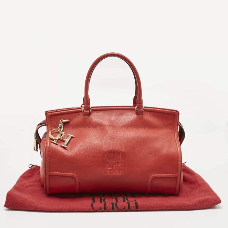Pre Owned Carolina Herrera Red Leather CH Logo Charm Tote