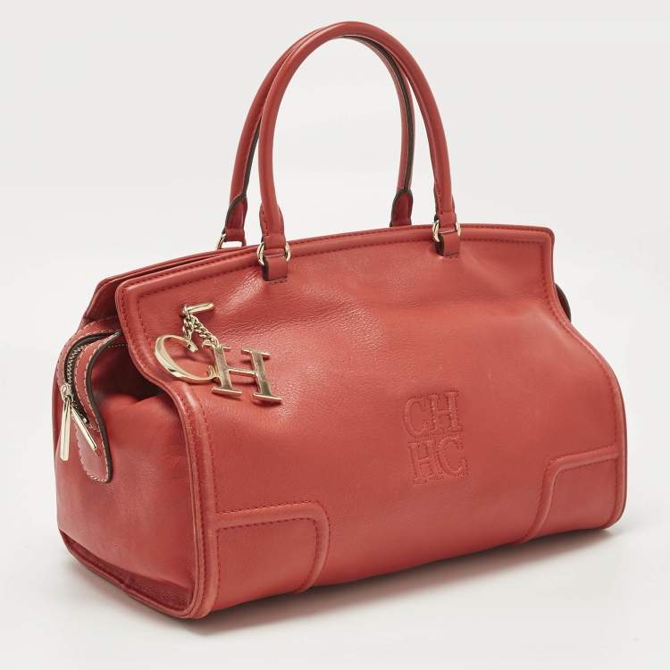 Pre Owned Carolina Herrera Red Leather CH Logo Charm Tote