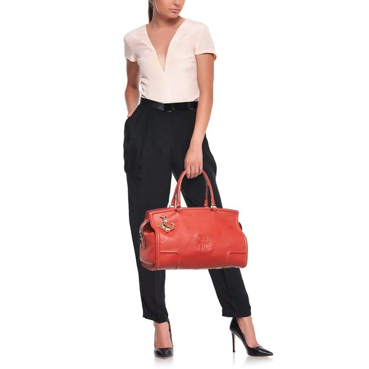 Pre Owned Carolina Herrera Red Leather CH Logo Charm Tote