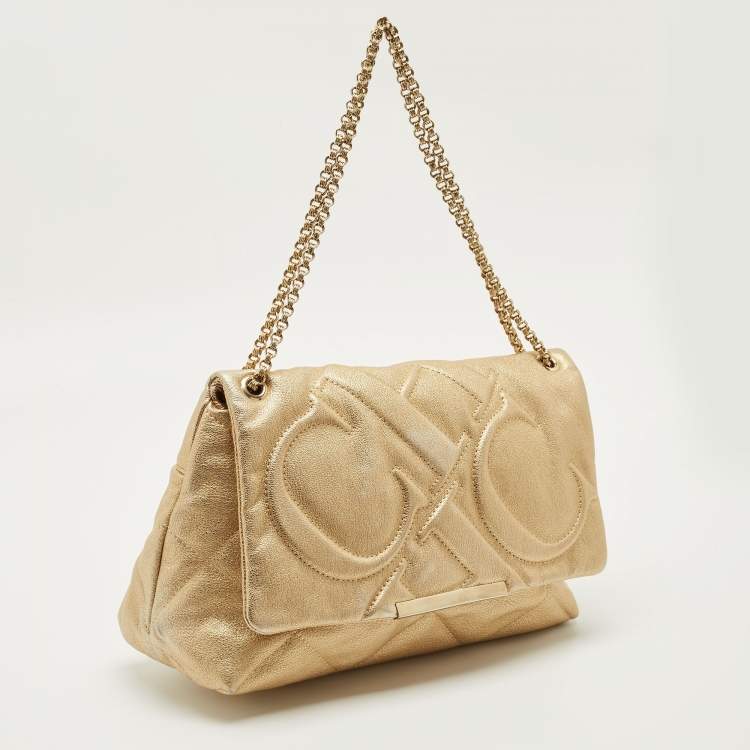 Pre Owned Carolina Herrera Gold Embossed Leather Metal Flap Shoulder Bag