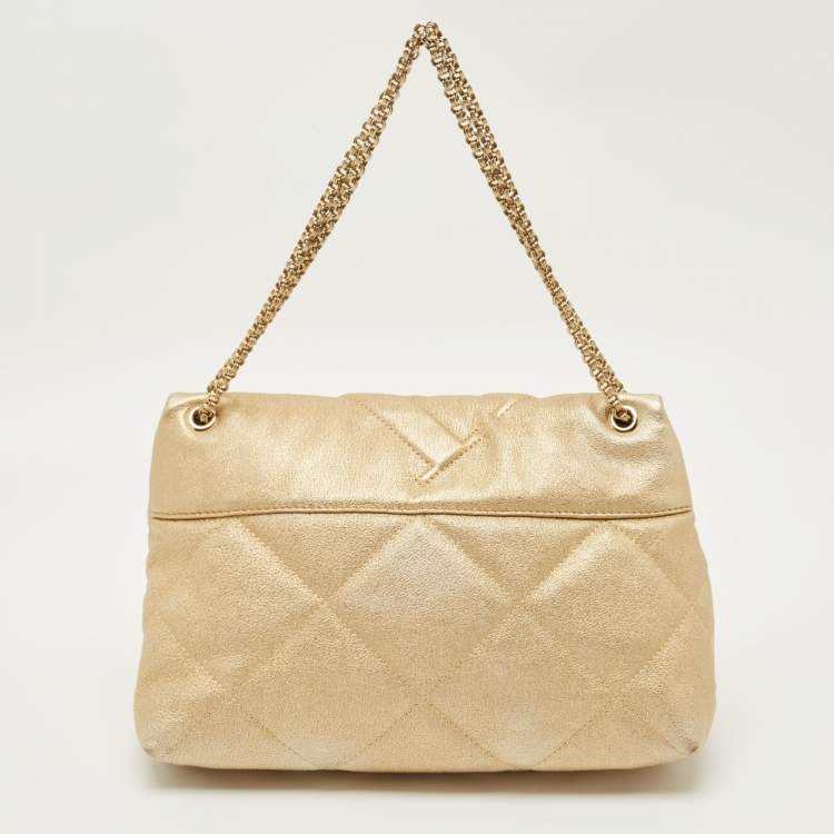 Pre Owned Carolina Herrera Gold Embossed Leather Metal Flap Shoulder Bag