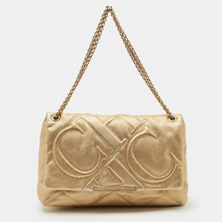 Pre Owned Carolina Herrera Gold Embossed Leather Metal Flap Shoulder Bag