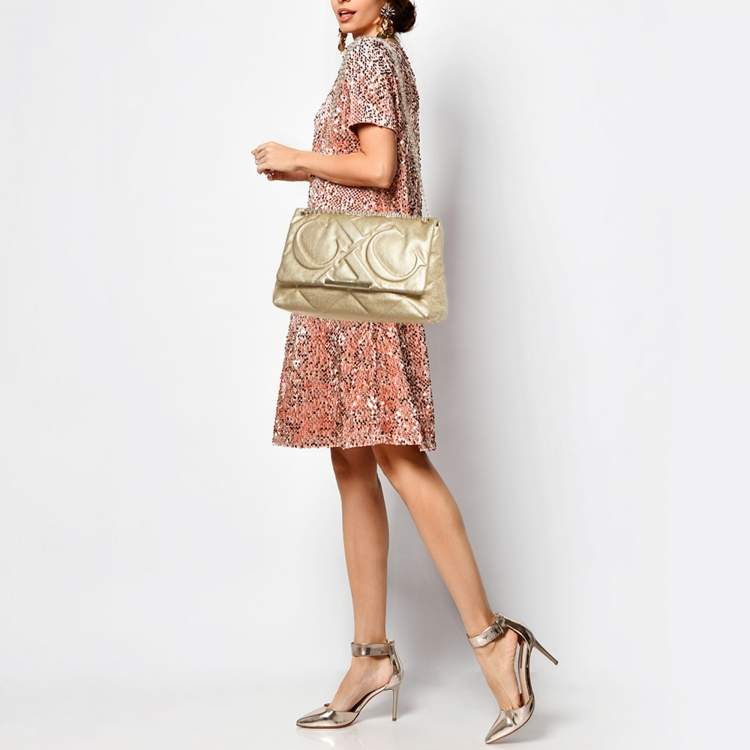 Pre Owned Carolina Herrera Gold Embossed Leather Metal Flap Shoulder Bag