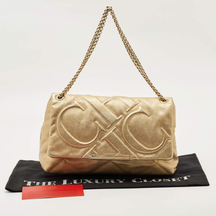 Pre Owned Carolina Herrera Gold Embossed Leather Metal Flap Shoulder Bag