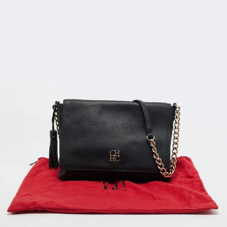 Pre Owned Carolina Herrera Black Leather Tassel Flap Shoulder Bag