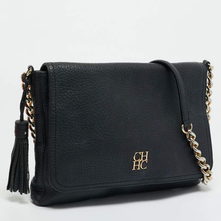 Pre Owned Carolina Herrera Black Leather Tassel Flap Shoulder Bag