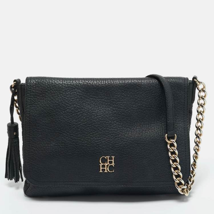 Pre Owned Carolina Herrera Black Leather Tassel Flap Shoulder Bag