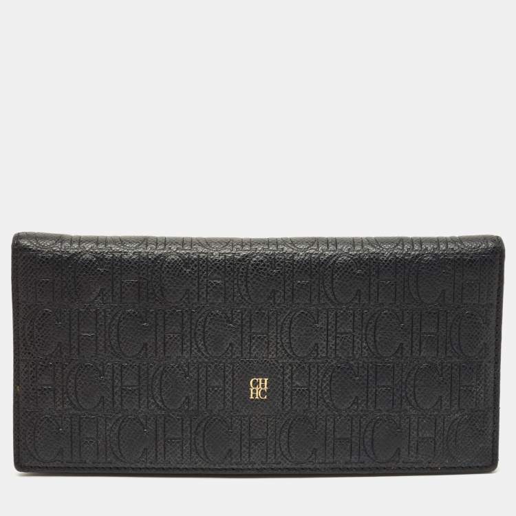 Pre Owned Carolina Herrera Black Monogram Embossed Leather Bifold Long Wallet