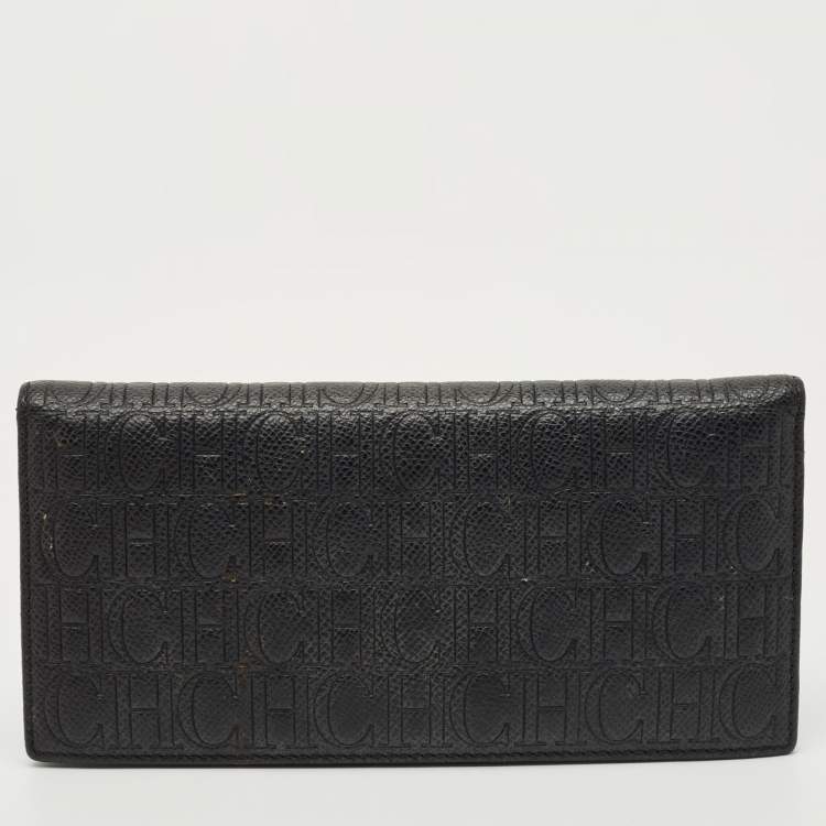Pre Owned Carolina Herrera Black Monogram Embossed Leather Bifold Long Wallet