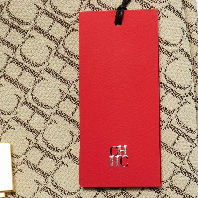 Pre Owned Carolina Herrera Brown/Off White Monogram Canvas and Leather Initials Insignia Shoulder Bag