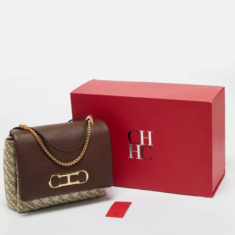 Pre Owned Carolina Herrera Brown/Off White Monogram Canvas and Leather Initials Insignia Shoulder Bag