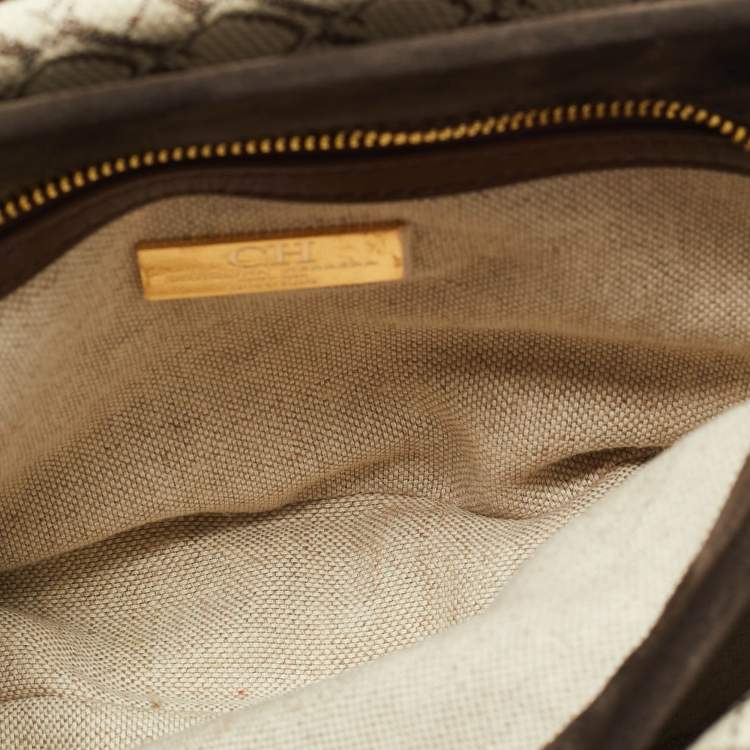 Pre Owned Carolina Herrera Brown/Off White Monogram Canvas and Leather Initials Insignia Shoulder Bag