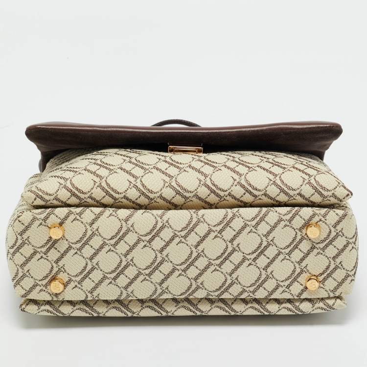 Pre Owned Carolina Herrera Brown/Off White Monogram Canvas and Leather Initials Insignia Shoulder Bag