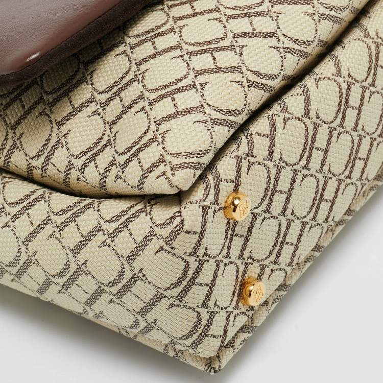 Pre Owned Carolina Herrera Brown/Off White Monogram Canvas and Leather Initials Insignia Shoulder Bag