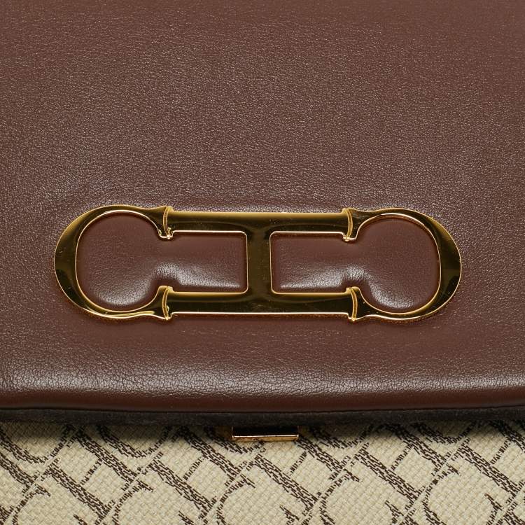 Pre Owned Carolina Herrera Brown/Off White Monogram Canvas and Leather Initials Insignia Shoulder Bag