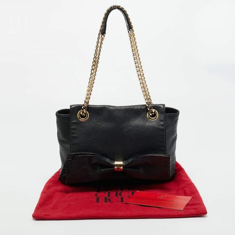 Pre Owned Carolina Herrera Black Monogram Embossed Leather Audrey Shoulder Bag