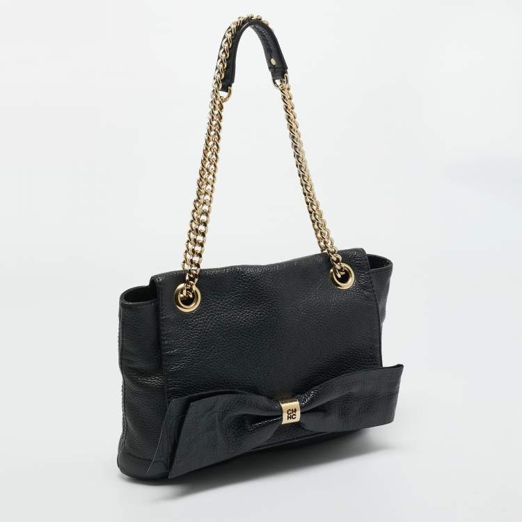 Pre Owned Carolina Herrera Black Monogram Embossed Leather Audrey Shoulder Bag