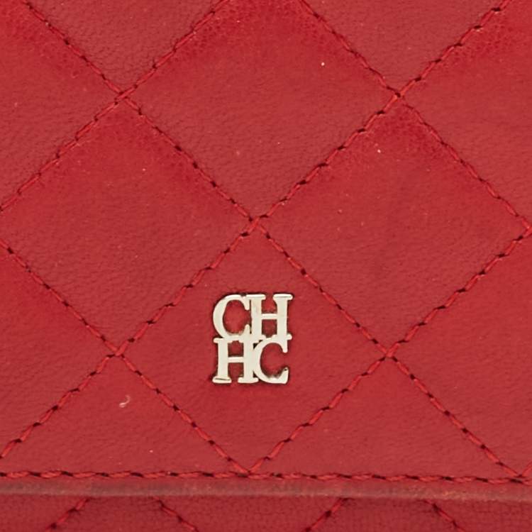 Pre Owned Carolina Herrera Red Quilted Leather Trifold Compact Wallet