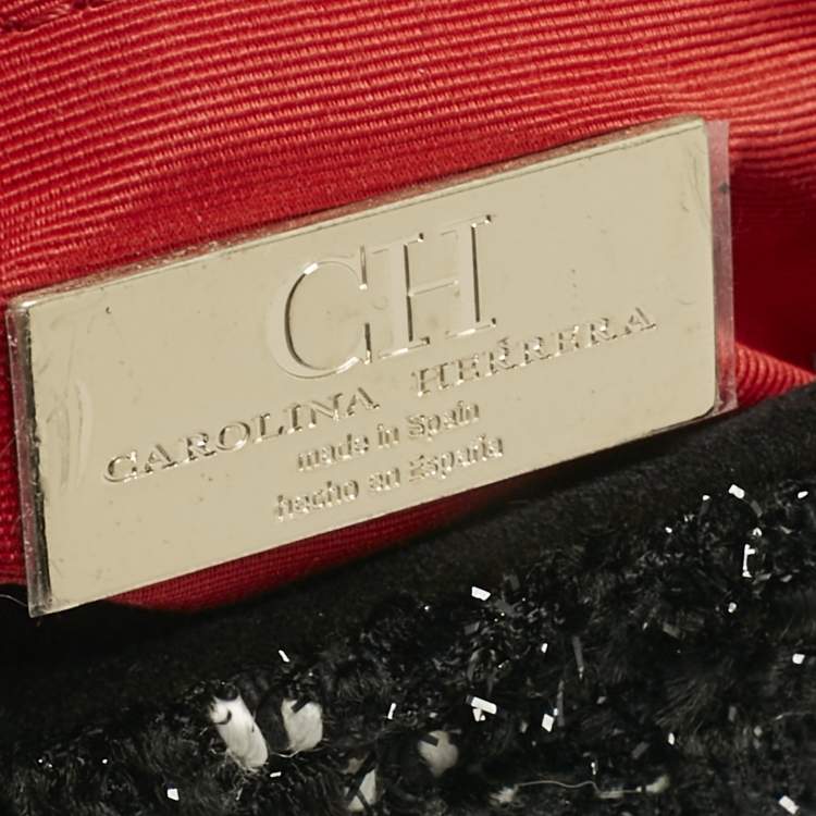 Pre Owned Carolina Herrera Black/White Tweed CHHC Pearl Embellished Shoulder Bag
