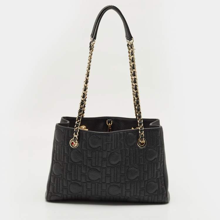 Pre Owned Carolina Herrera Black Monogram Leather CHHC Chain Tote