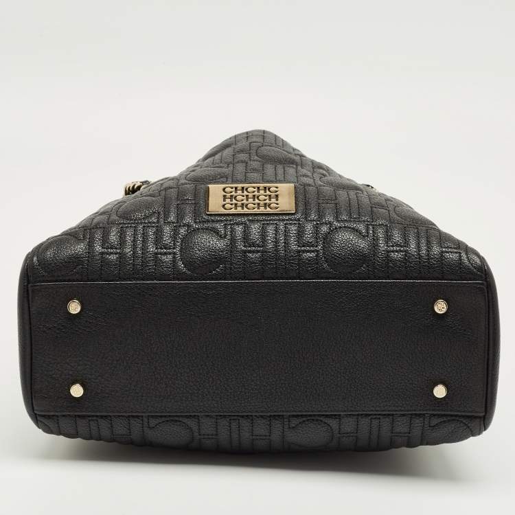Pre Owned Carolina Herrera Black Monogram Leather CHHC Chain Tote