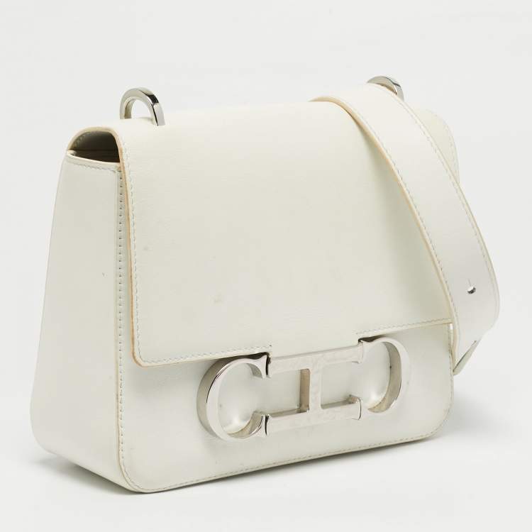 Pre Owned Carolina Herrera White Leather Medium Initials Insignia Shoulder Bag