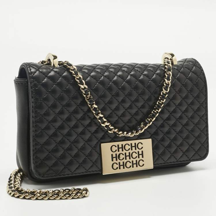 Pre Owned Carolina Herrera Black Quilted Leather CHHC Flap Shoulder Bag