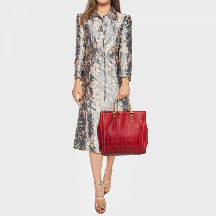 Pre Owned Carolina Herrera Red Monogram Embossed Leather Boston Tote