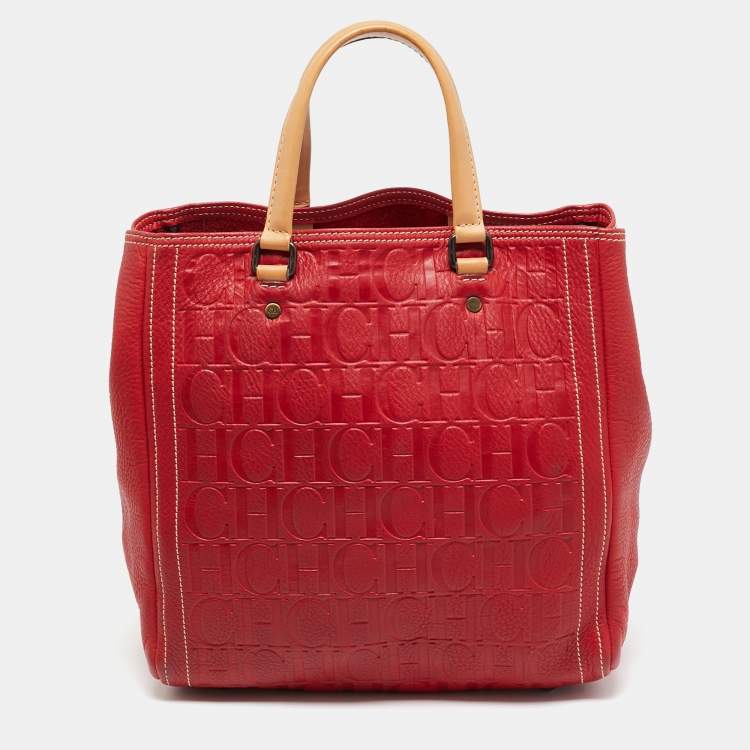 Pre Owned Carolina Herrera Red Monogram Embossed Leather Boston Tote