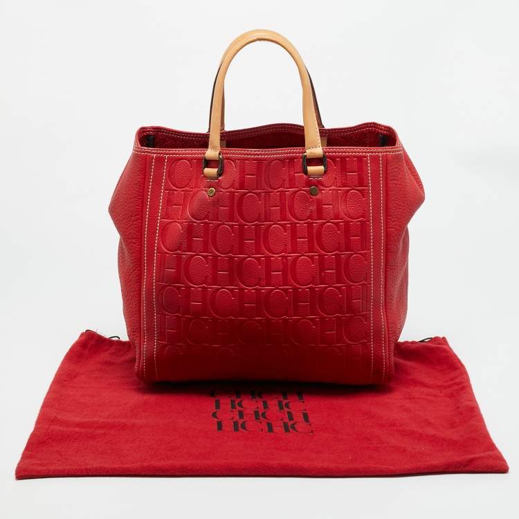 Pre Owned Carolina Herrera Red Monogram Embossed Leather Boston Tote