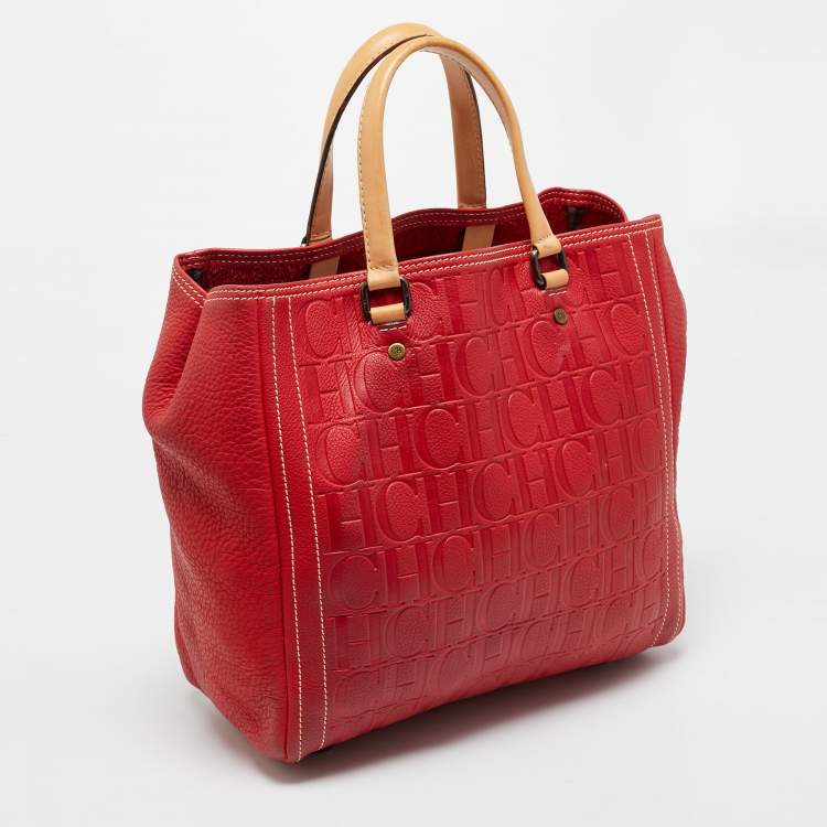 Pre Owned Carolina Herrera Red Monogram Embossed Leather Boston Tote