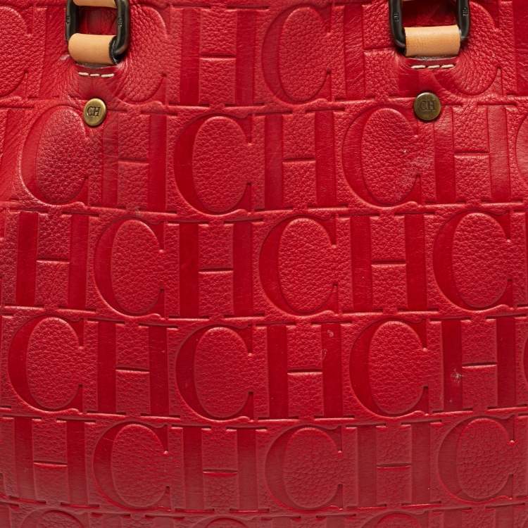 Pre Owned Carolina Herrera Red Monogram Embossed Leather Boston Tote